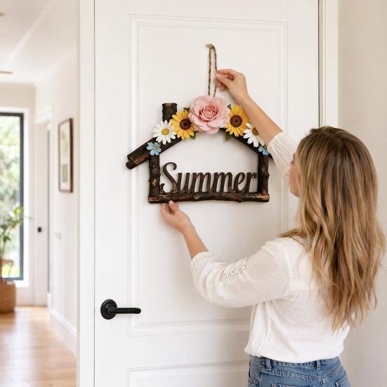 House Plate, Handmade Rustic Wall Door Sign, with Seasonal Flowers And Hemp Rope Lanyard, for Holiday Decoration
