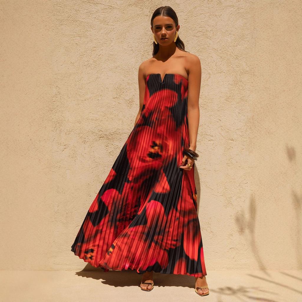 2026 printed tube top loose heavy industry pleated long dress women