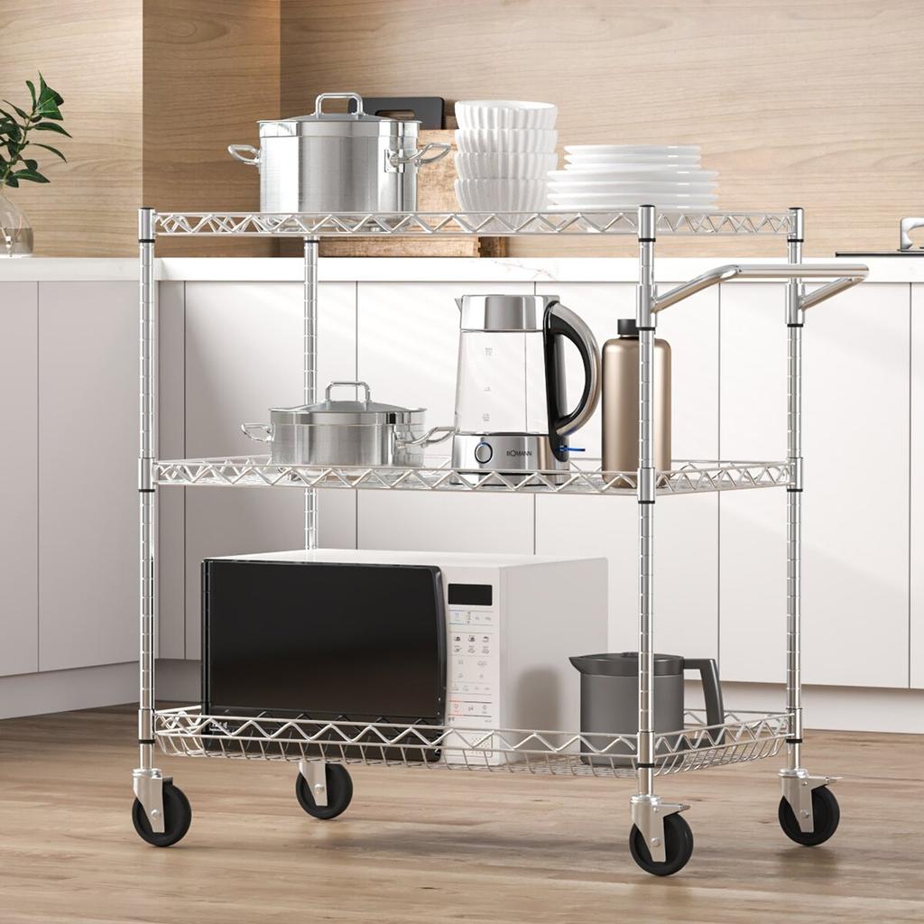 Kitchen Utility Cart, 3 Tiers, Wire Rolling Cart with 661LBS Capacity, Steel Service Cart On Wheels, Metal Storage Trolley with 80mm Deep Basket