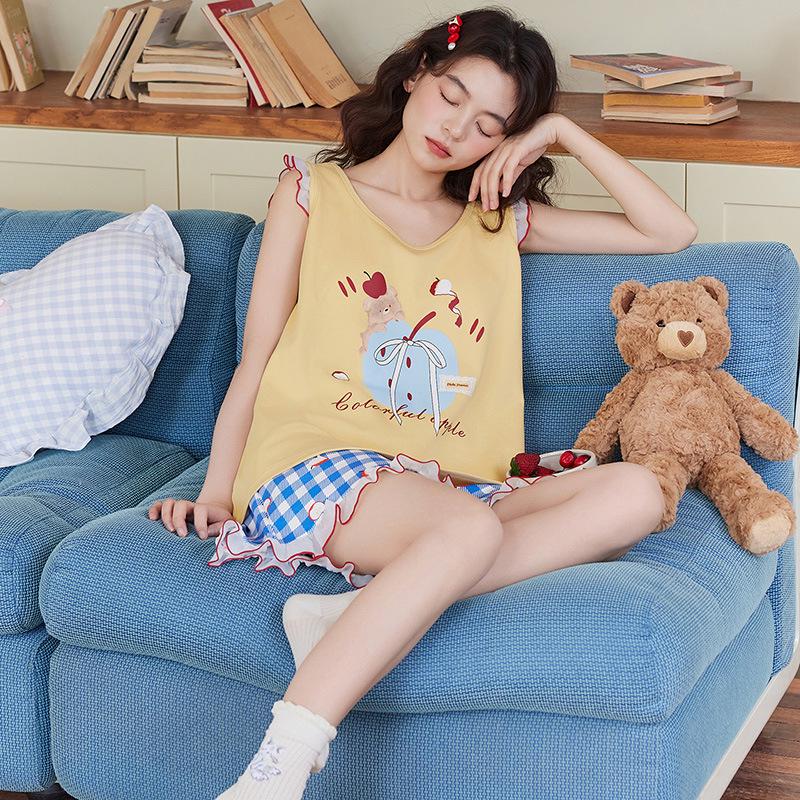 2026 Women's Summer Cotton Pajama Set with Built-in Bra, Cute Cartoon Tank Top & Shorts for Indoors and Outdoors