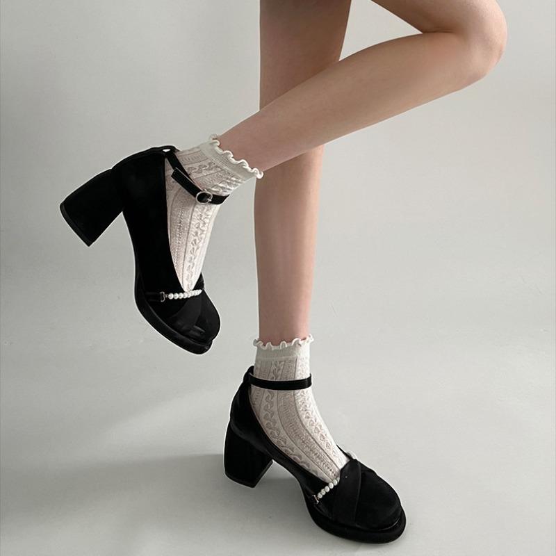 French Mary Janes High Heels Women's Chunky Heeled Shoes Comfortable Daily Wear Leather Single Shoes Beige Black Pumps