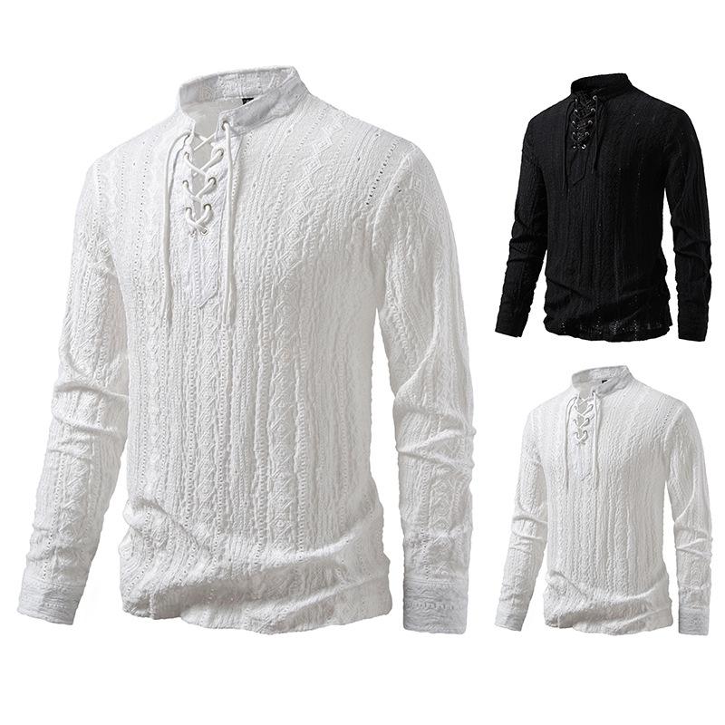 Men's Lace-Up Stand Collar Textured Shirt Long Sleeve Casual Retro Top for Men Spring Autumn Fashion Multi-Color Male Blouse