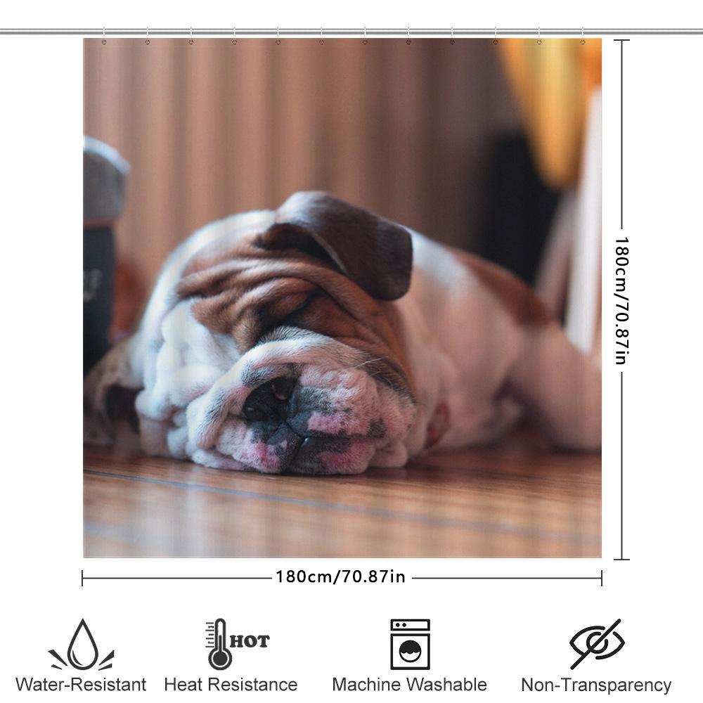 Bathroom Decor Shower Curtain Featuring A Cute Dog'S Nap Scene With Warm Colors For Home Decor Purposes This Shower Curtain Adds