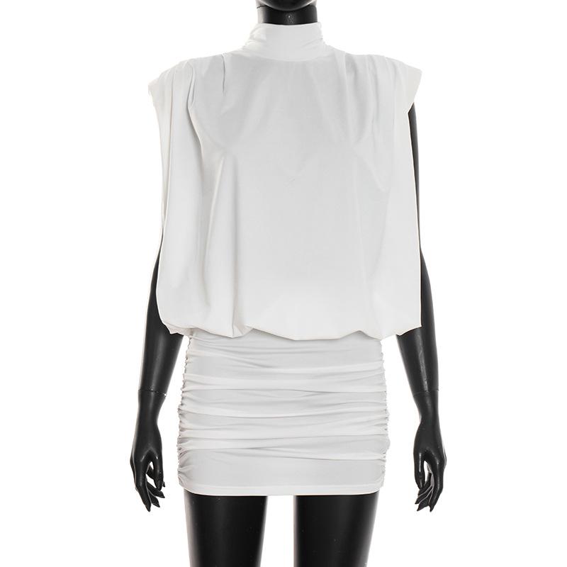 European & American Women s Solid Color Casual Sleeveless Mini Dress with Shoulder Pleats & Back Cutout Medium