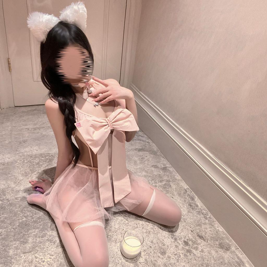 Pure Desire Pink Bow Three-point Erotic Underwear Pure Desire Temptation Splicing Mesh Perspective Free-to-take Cover