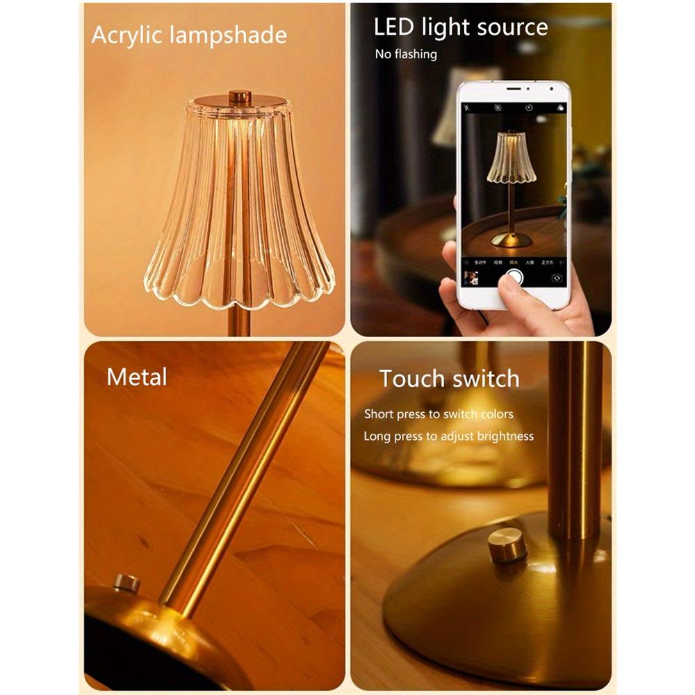 Lampă de masă modernă cu LED-uri din cristal cu control tactil - iluminare tri-ton, bază din fier forjat, baterie reîncărcabilă