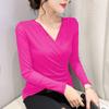 Women's New Fashion V-Neck Cross T-shirt Solid Color Long Sleeves Top Spring Autumn Mesh Bottoming Shirt S-4XL