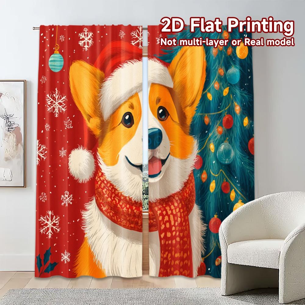 Set Of 2 Flat Printing Jit Curtains Without Rod Christmas Corgi Chic Polyester Decorations Curtain Semi Sheer Made