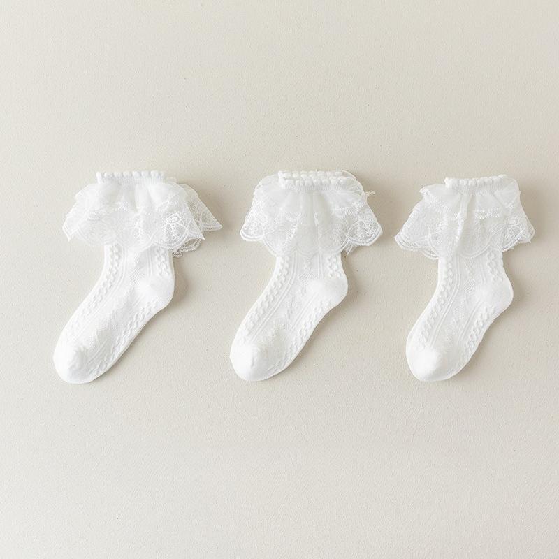 3 Pair/set White Lace Trim Girls Socks Pure Cotton Princess Socks for Kids Soft Beige Color School Lolita Calf Socks for Toddler