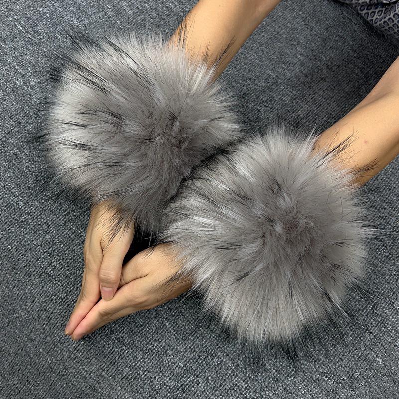 Mânuși de damă din blană artificială de iepure și vulpe, cu manșete strânse