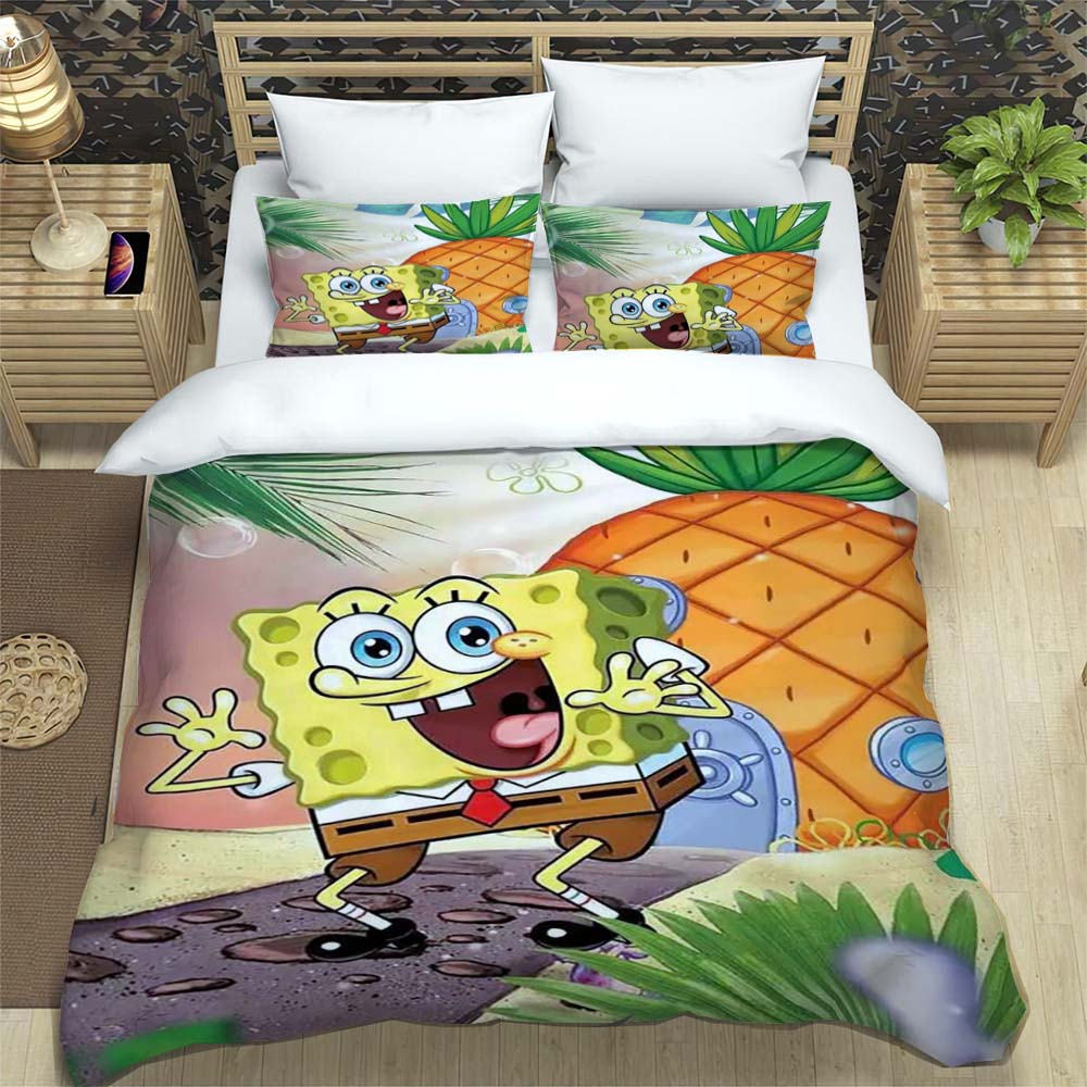 3D Sponge Bob Square Pants Printed Bedding Set, Cartoon Pattern Duvet Cover and Pillowcases, Single/Double Bed Sheet Sets,