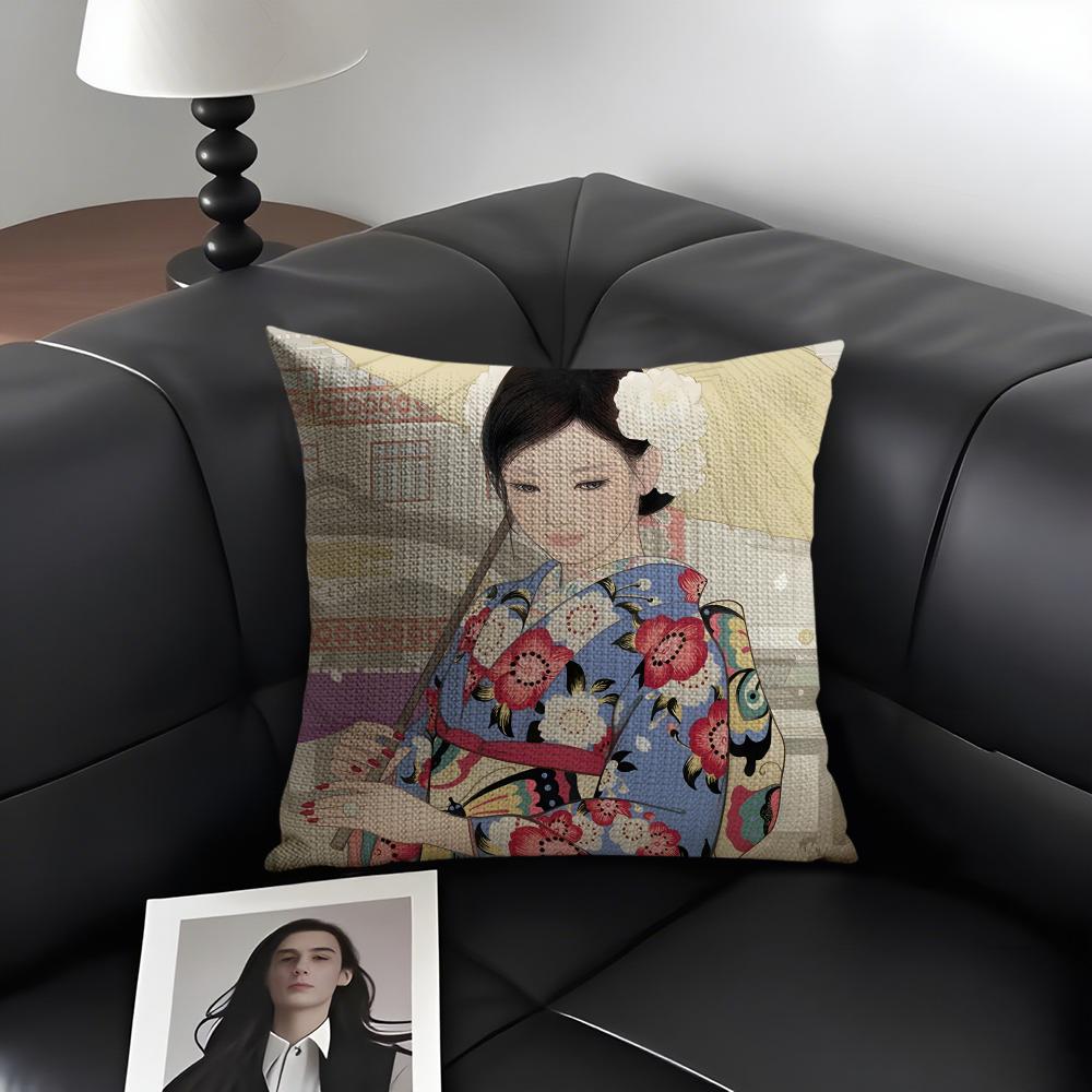 Kimono Girl Japanese Style Cushion Cover Natural Linen Organic Fabric DoubleSided Printing Sofa Home Decor Gift Pillow Case
