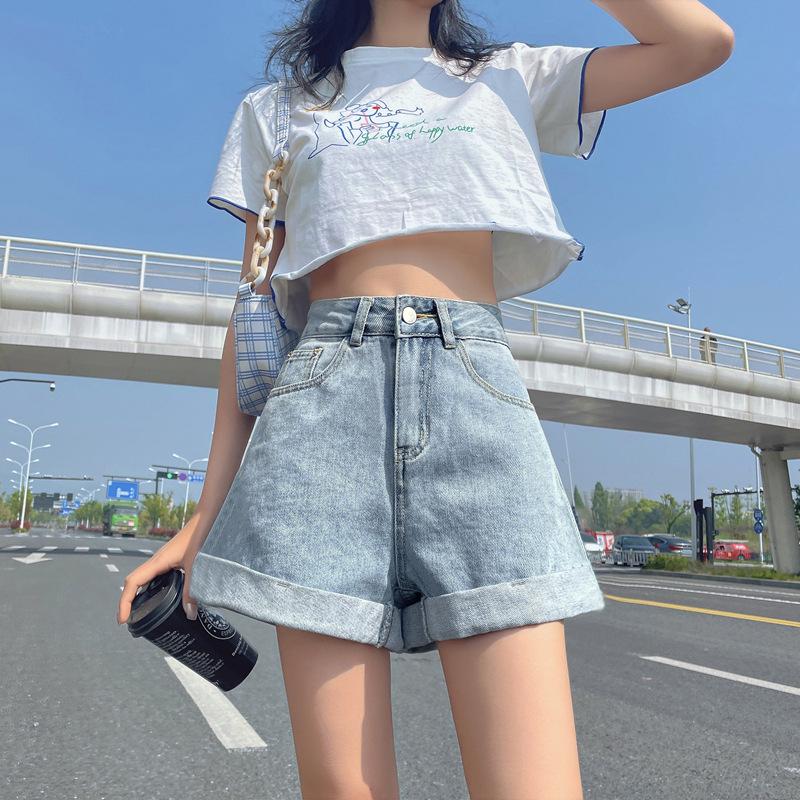 Women's Korean Style High Waist Loose Denim Shorts - Versatile Wide Leg Casual Fit with Rolled Hem