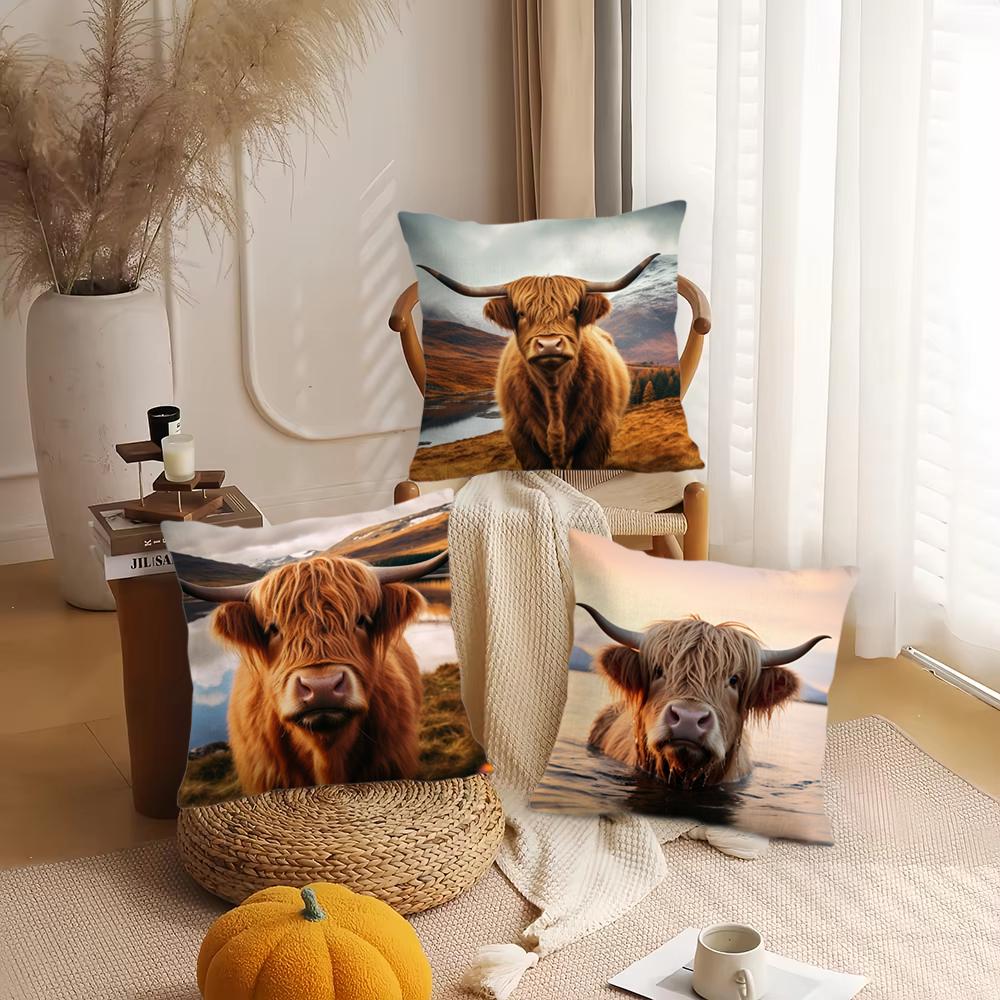 Cute Highland Cow Cushion Cover Short Plush DoubleSided Printing Home Machine Washable in Warm Winter Pillow Cover