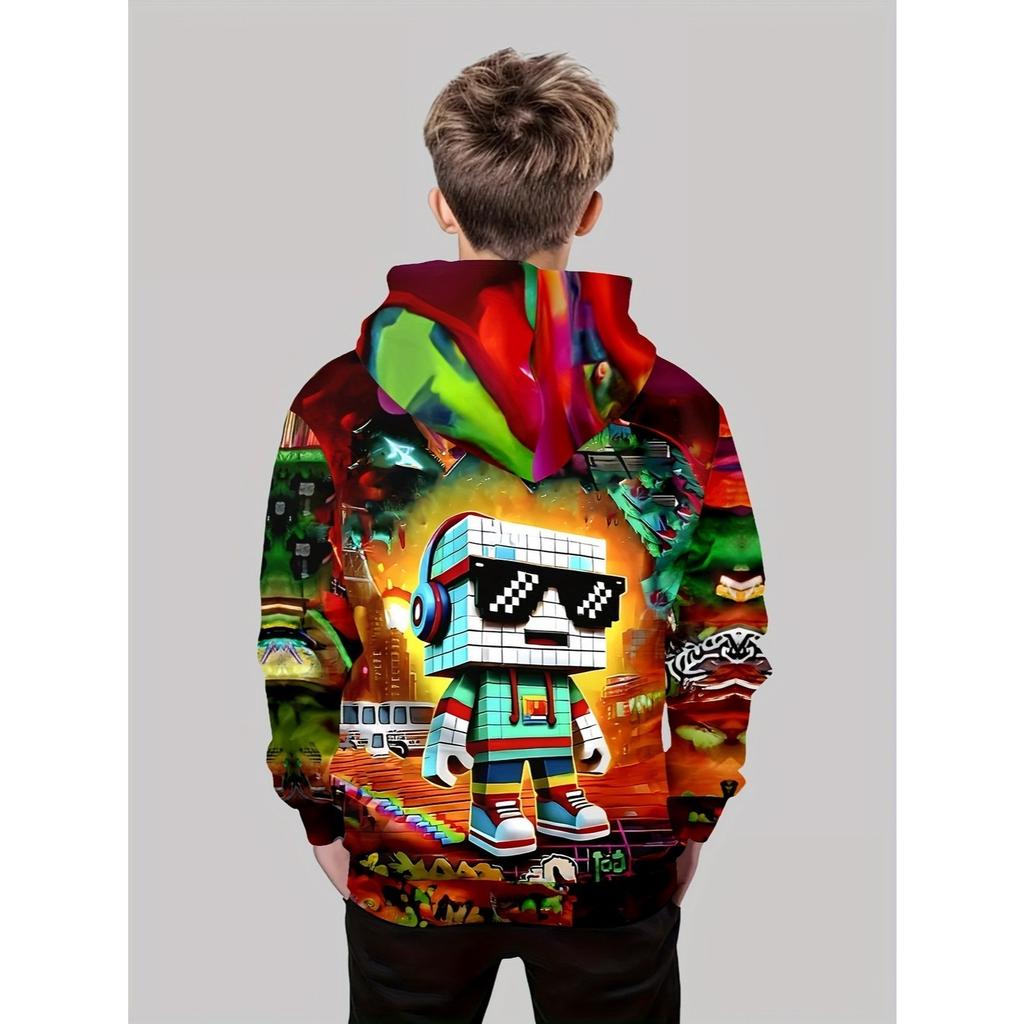 Boys' fashionable 3D printed casual pullover, spring and autumn long sleeved hoodie, boys' outdoor hoodie