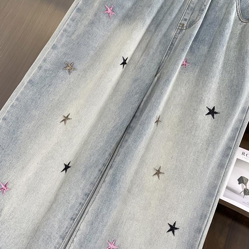 Dimanaf 2025 Plus Size Autumn Blue Basic Elastic Jeans New Pants Embroidery Women Loose Denim Trousers Big Casual Pants 6XL