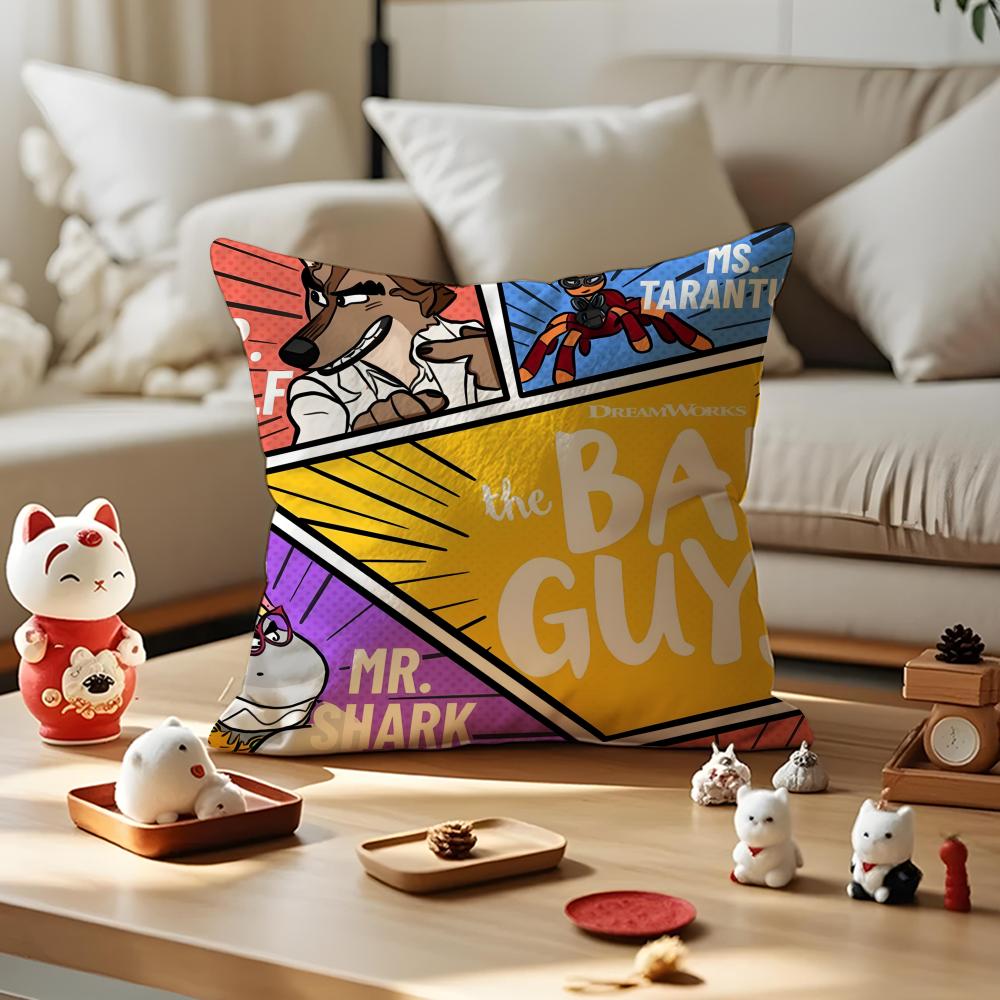 Cartoon TThe Bad Guys  Cushion Cover Silky Short Plush with Invisible Zipper Dustproof Sofa Pillow Cover for Home Decor