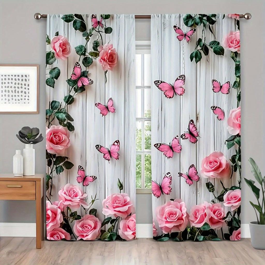 2pcs Garden Butterfly Print Curtains   Blackout Curtains For Living Room   Kitchen   Bedroom   Privacy Protection   Home Decoration