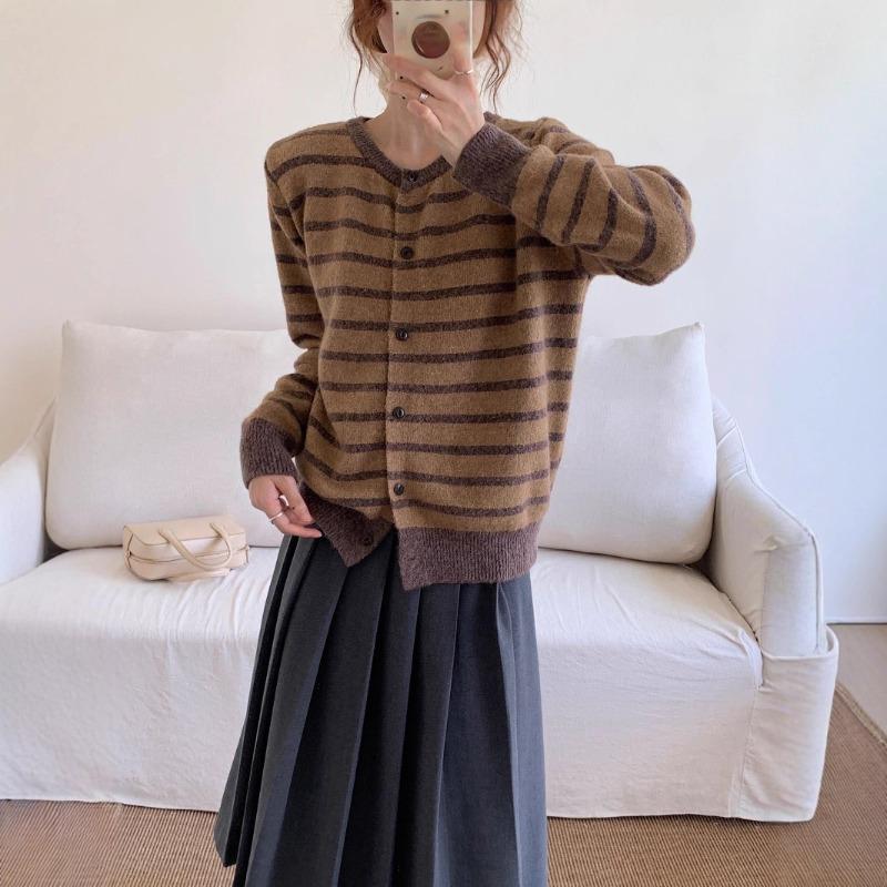 New round neck simple striped design single-breasted long-sleeved loose cardigan women's basic cardigan