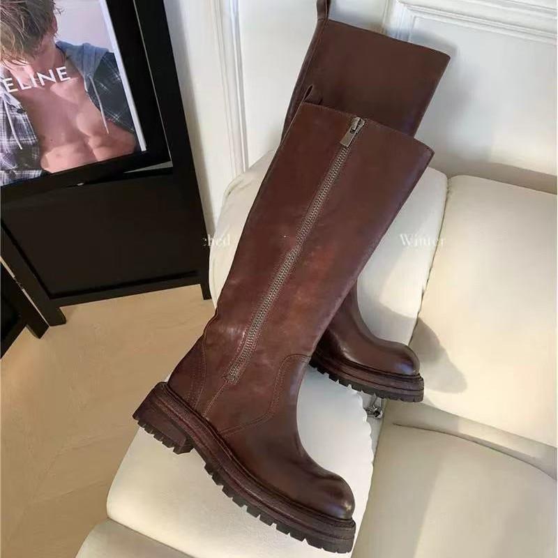 Washed horse leather~ leather tall boots long boots women's autumn and winter fat mm thick legs heightened thick-soled black knight boots