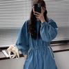 Retro Style Loose Large Size Dress Long Sleeve Waist Drawstring Strap Spring Autumn