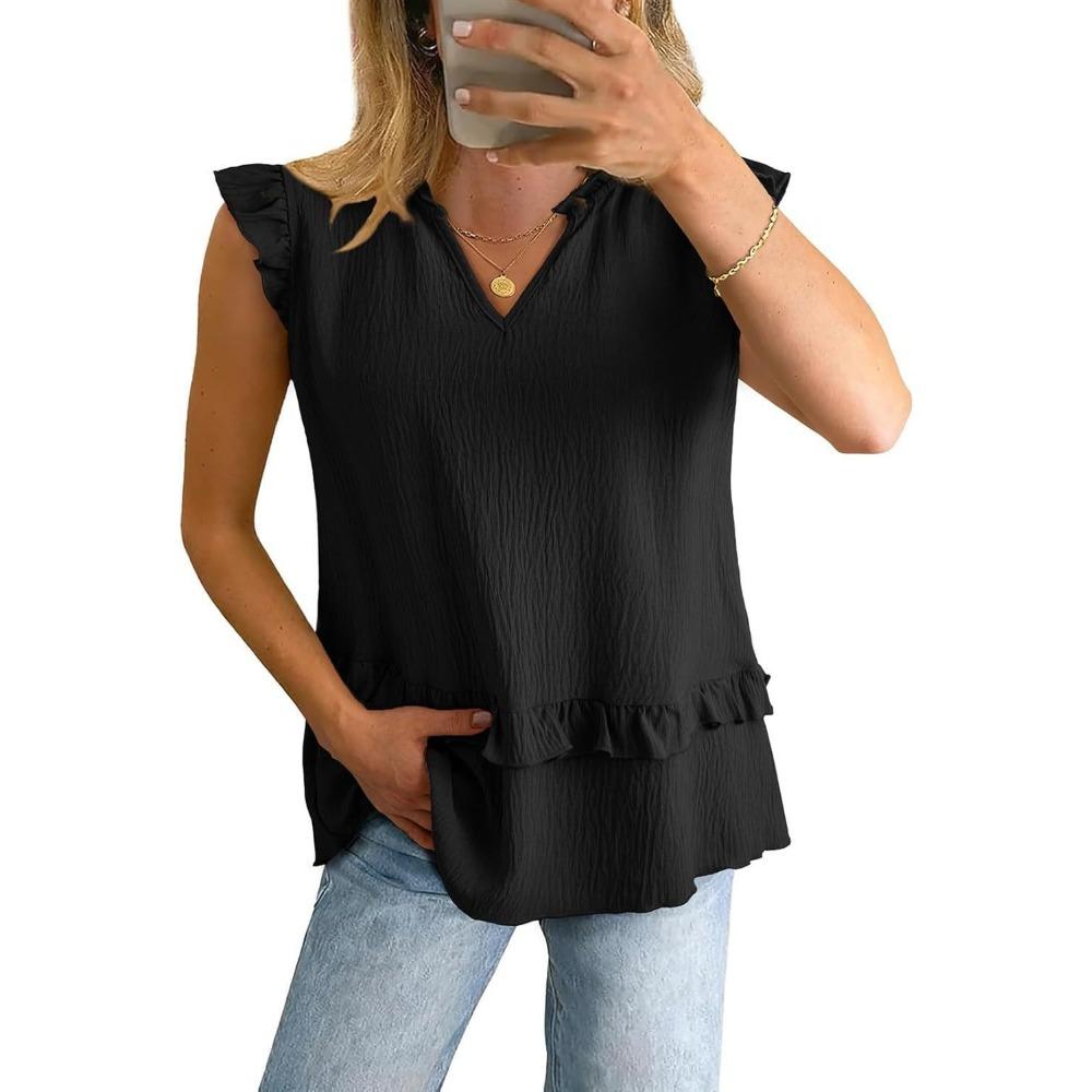 women's Ruffle V Neck Sleeveless Blouse Casual Loose Fit Summer Tunic Tops
