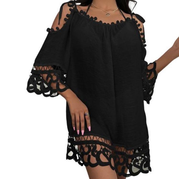 Sexy Lace Crochet Backless Mini Dress Summer Beach Vacation Lady Garment Above Knee Length Sunscreen