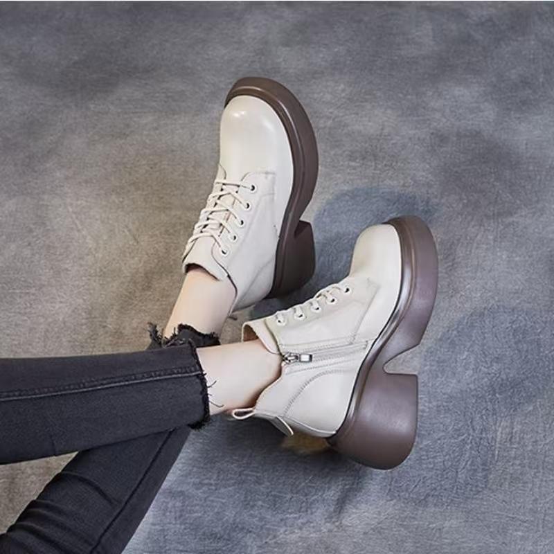 Women's Autumn Winter Block Heel Leather Ankle Boots Thick Sole Non Slip Round Toe Zippers Waterproof Plush Warm Cotton Boots