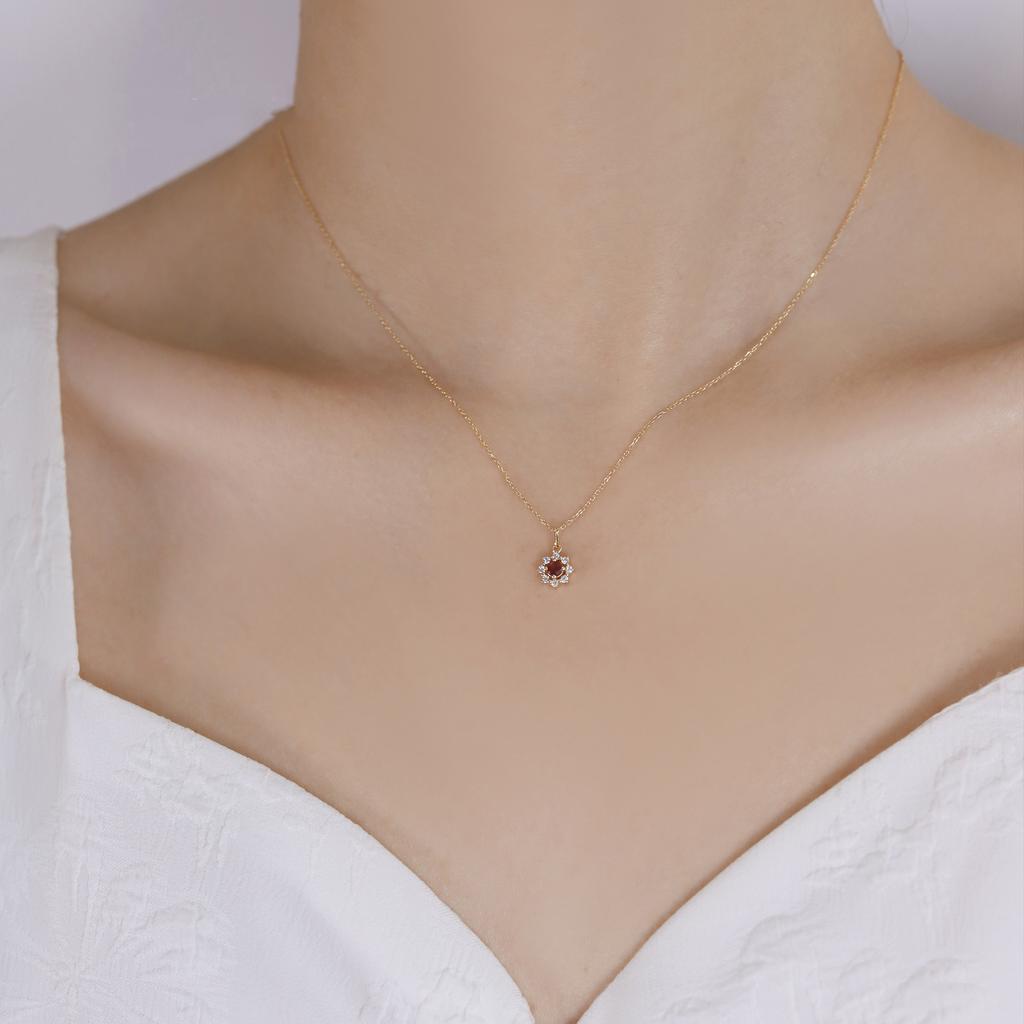 925 Sterling Silver Electroplated 14K Gold Red Zircon Sun Pendant Necklace for Women Wedding Party Jewelry