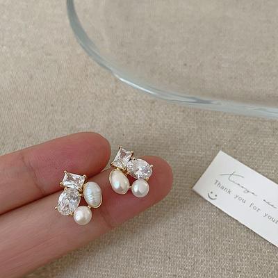 Design Sense Freshwater Pearl Zircon Stud Earrings Femininity Elegant Niche Unique Personality Fashion Versatile Earrings Earrings