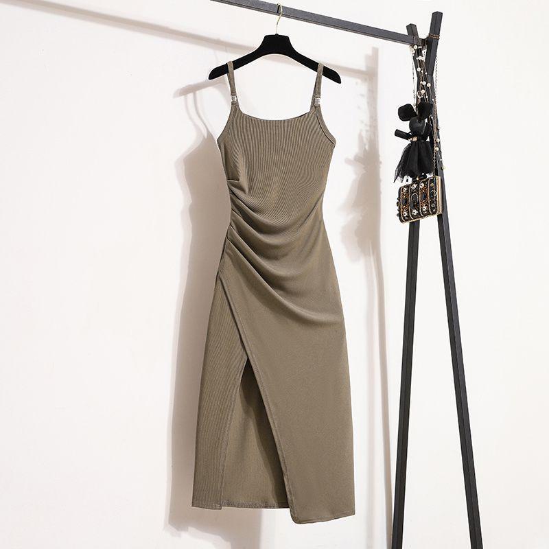Plus Size Slimming Camisole Dress - Women's Waist-Cinched Spring/Summer Slit Outerwear Skirt