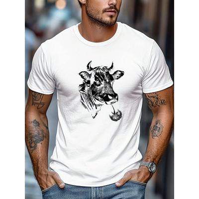 Men's Highland Cow Scottish Cow Print T-Shirt - White Bull Graphic Summer Casual Round Neck Short Sleeve Tee for Scottish Heritage Events