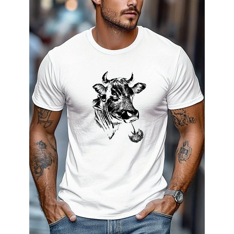 Men s Highland Cow Scottish Cow Print T-Shirt - White Bull Graphic Summer Casual Round Neck Short Sleeve Tee for Scottish Heritage Events S белый