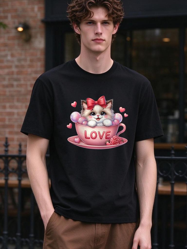 Unisex T Shirt Cute Kitten In Pink Love Cup Casual Soft Comfy Top