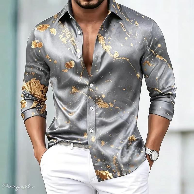 Herren Luxus Satin Langarmhemd mit 3D-bedruckten Seidenknöpfen und glänzender Oberfläche, Nachtclub Party Lässiges Modehemd