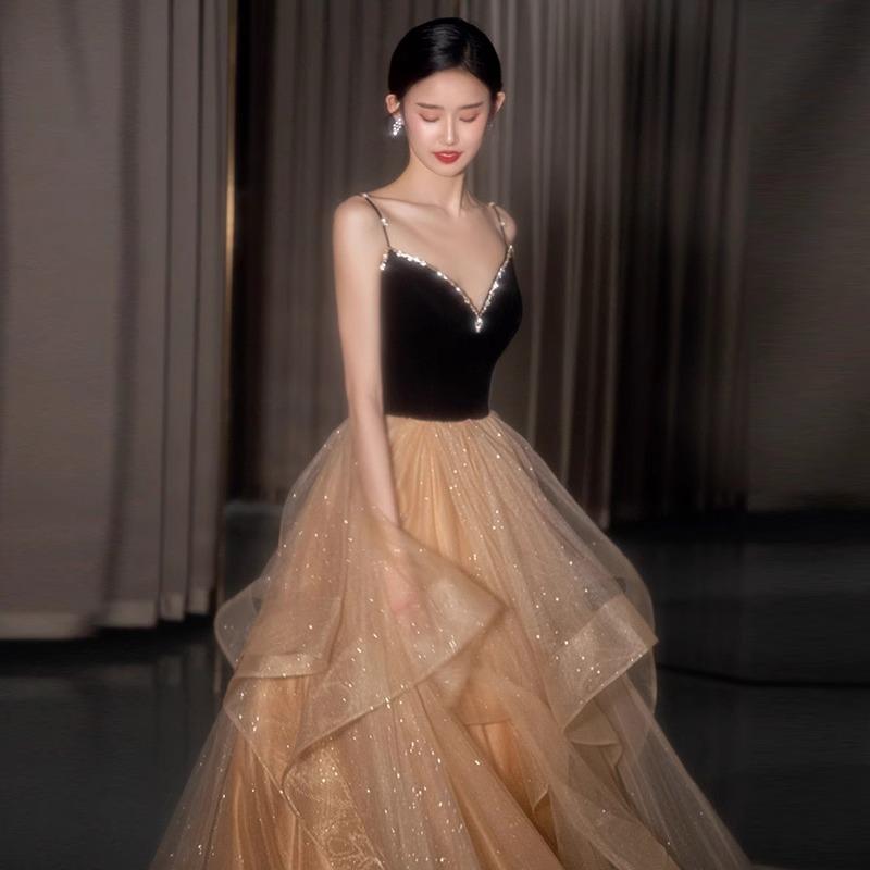 French Suspender Evening Dress Women's High-end Light Luxury Niche Birthday Adult Dress Art Test Host Engagement Dress
