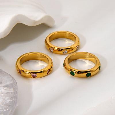 Hot Sale Personalized Retro Multicolor Zircon Round Ring Plated 18K Gold Stainless Steel Minimal Waterproof Ring Women