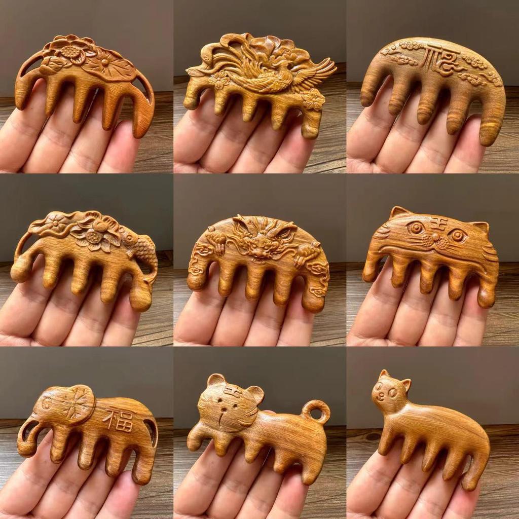 Green Sandalwood Carved Portable Scalp Massage Comb for Women