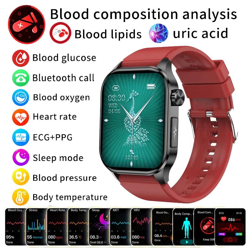 

Умные часы ECG+PPG с функцией звонков по BT, push-уведомлениями, физическим обследованием, монитором здоровья, артериального давления, мочевой кислоты, кислорода в крови, спортивные умные часы Red Silicone