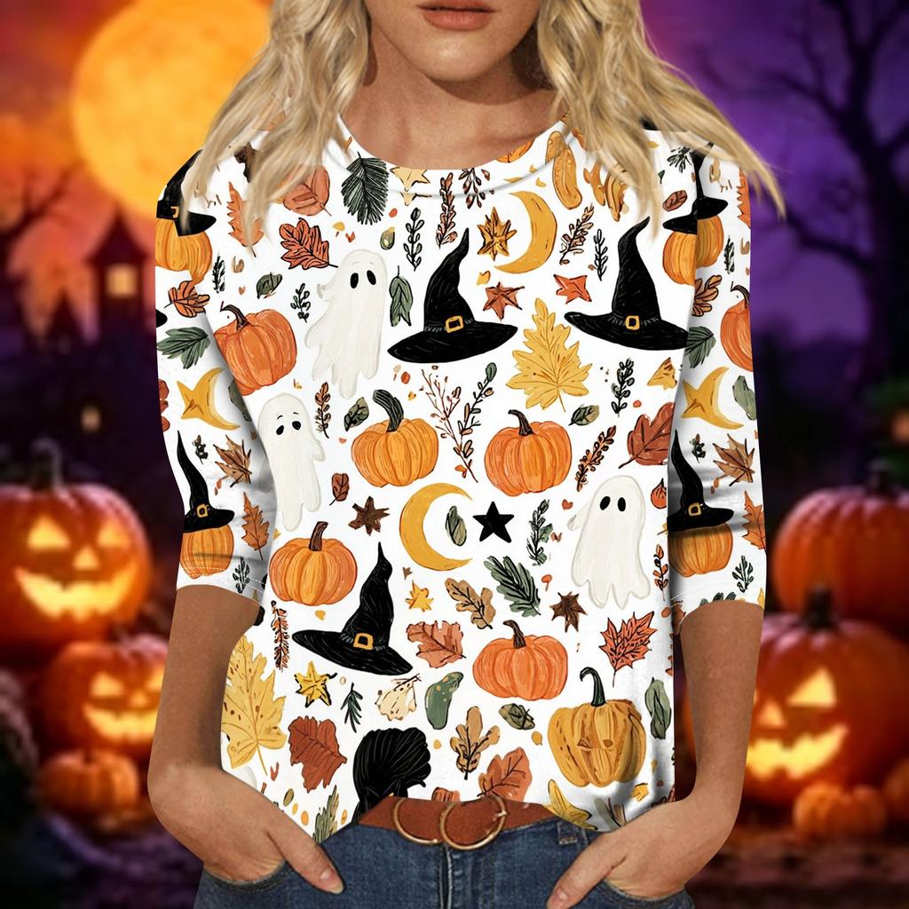 Women's Casual Halloween Print Top Three Quarter Sleeve Crew Neck Shirt Lightweight Comfortable Fit Seasonal Design