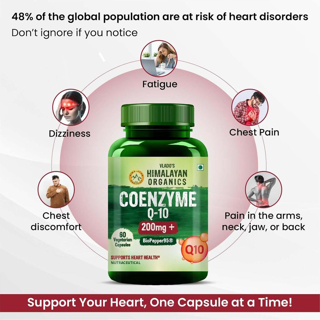 Vlado's Himalayan Organics CoQ10 200 mg Supplement With BioPepper High Absorption Energy Support Veg Capsules Pack