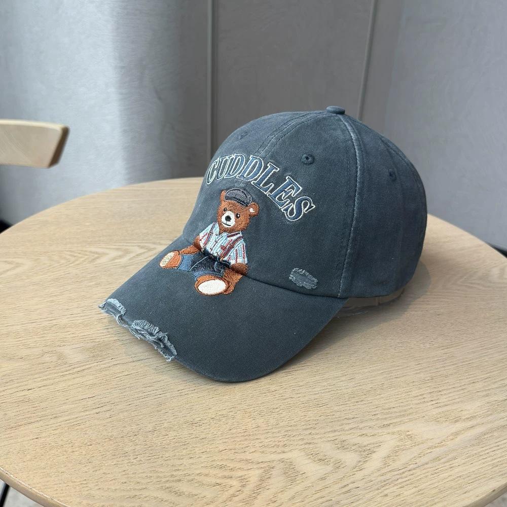 Fashion Hat New American Cute Cartoon Bear Heavy Industry Embroidery Ripped Baseball Cap Men's and Women's High Quality Cotton Cap