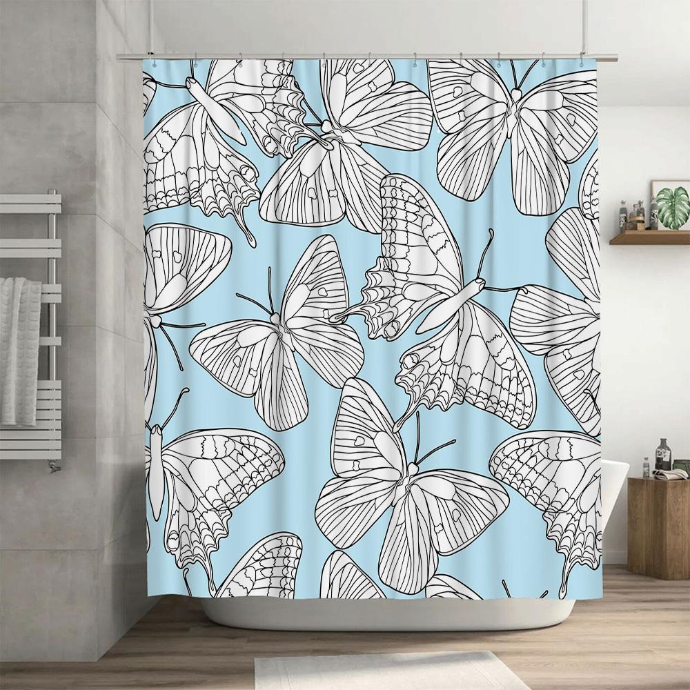 Luxury Printed Shower Curtains with Butterfly Design for Bathroom Decor Blue Floral Print Shower Curtain Set Size 180x245cm Free