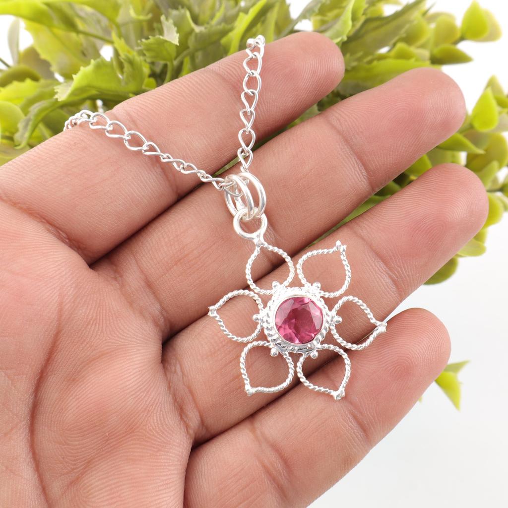 Rosa turmalin 925 massivt sterlingsilverhänge, handgjort ädelstenssmyckehänge, för minnesdagen