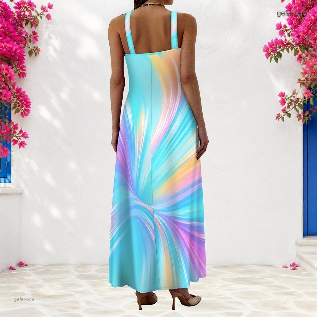 Women Plus Size Scoop Neck Strappy Sleeveless A Line Printed Bright Blue Maxi Dress