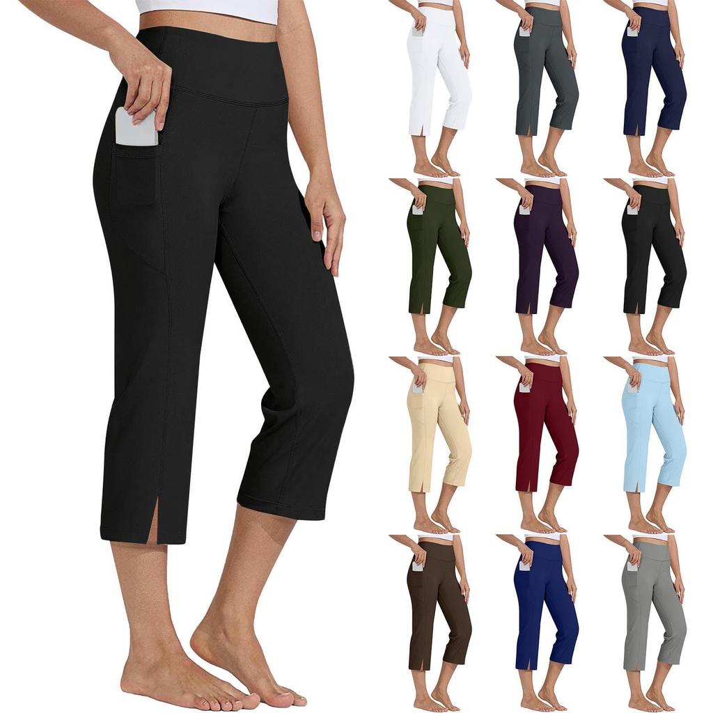 Kvinner Elastisk Høy Midje 3/4 Bukse Casual Aktiv Passform Vide Capri Leggings Bukser Bukser Med Lommer