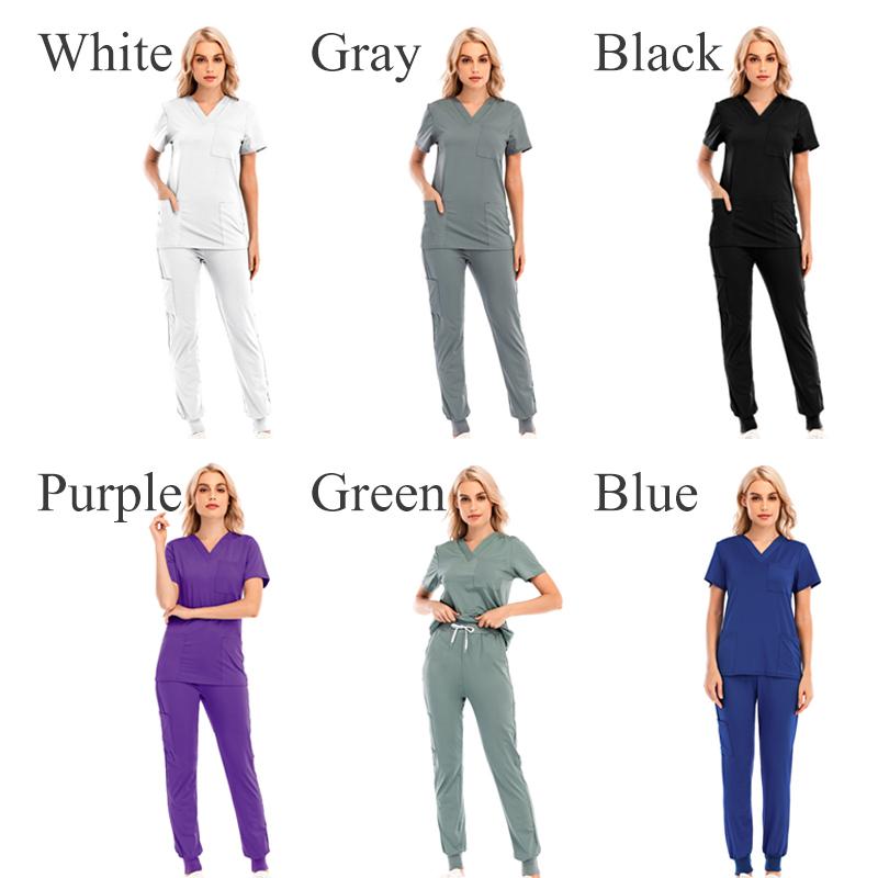 Kvinner Ensfarget kortermet med lommesett V-hals Quick Dry Nursing Arbeidsuniform Pustende