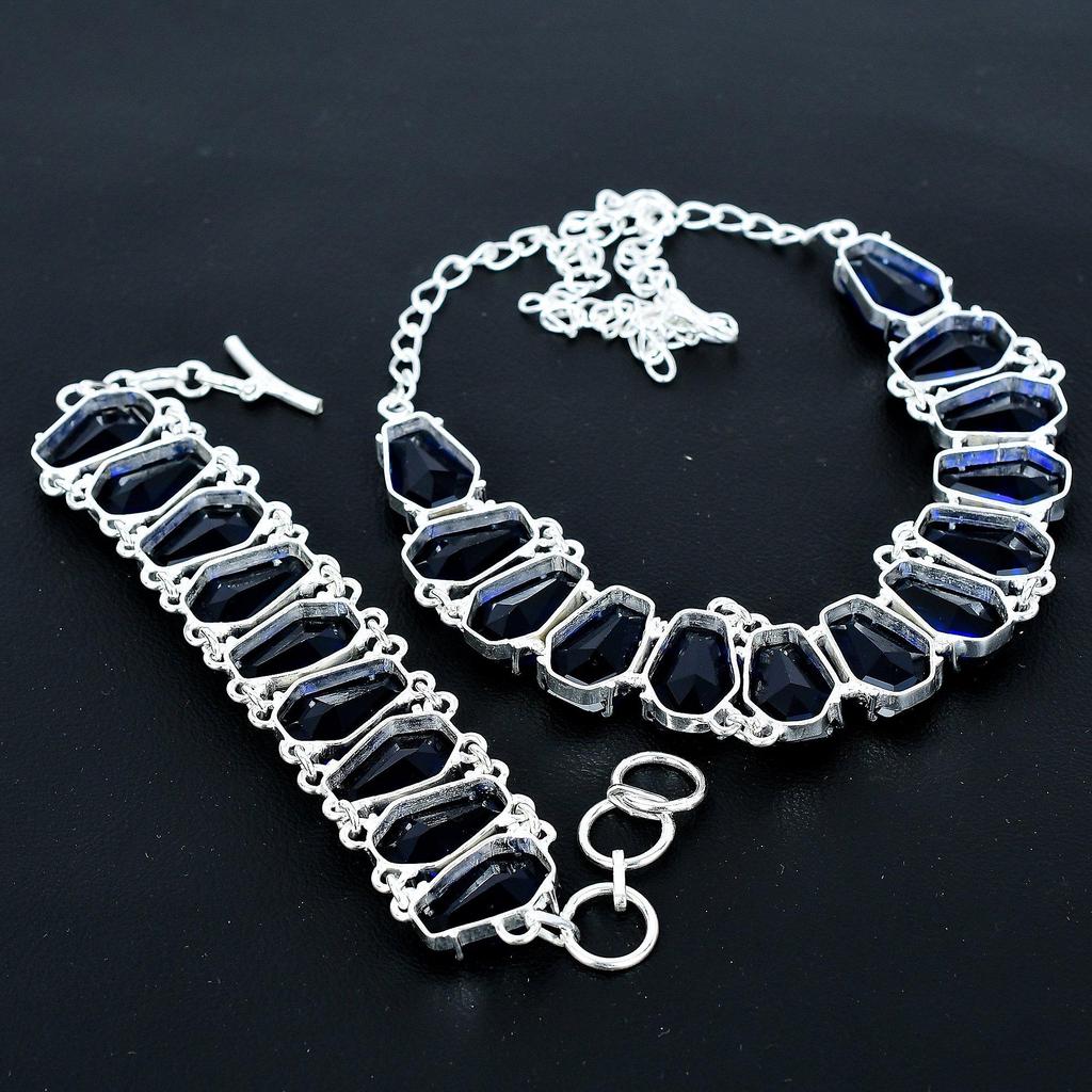 Blue Sapphire Necklace & Bracelet Jewelry Set, Coffin Blue Sapphire Gemstone 925 Sterling Silver Handmade Jewelry Unique Collection, Birthday Gift