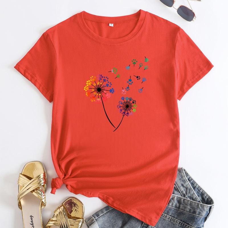 Summer Round Neck Colorful Dandelion Pattern Printed Top Fashionable Casual Short Sleeved Women's Pure Cotton T-shirts