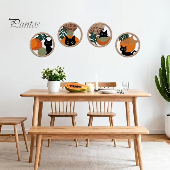 Cat Theme Wall Sign 4Pcs Black Decor Set, Boho Cartoon Hanging Art, Art Set Farmhouse Rustic Wooden Plants for Bedroom Living Room Office